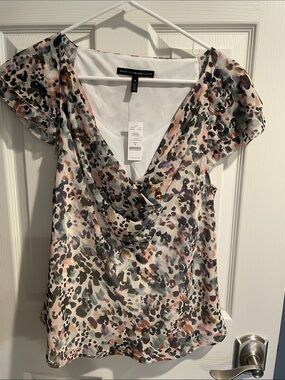 White House Black Market Watercolor Animal Print Cowl Neck Blouse - Pink Multi